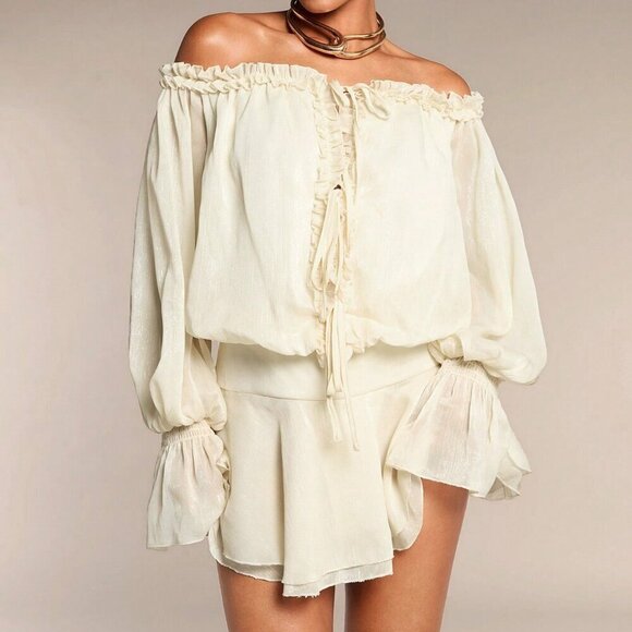 Khaki Casual Women's Off Shoulder Flare Sleeve Ruffle Hem Dress - Picture 5 of 7